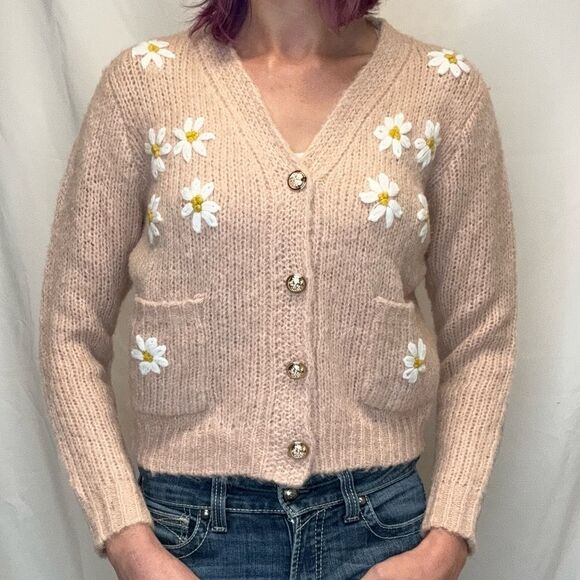 Cliche Sweaters - Cliche Floral Embroidered Button Cardigan Wool Blend Peach Small Cozy